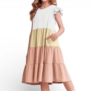 Arshiner Girls Tier Colorblock Ruffle Swing Dress White Pink & Yellow Size 6